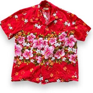 1960s Ui Maikai Hawaii Shirt Buttton Down Red Floral Aloha Hawaiian M